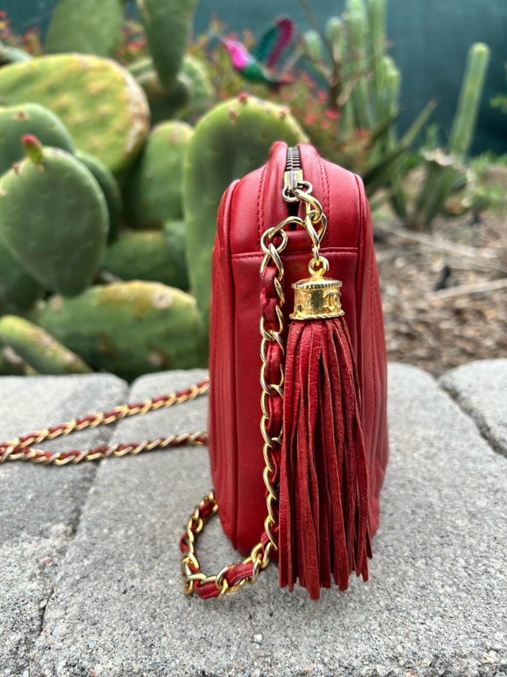 CHANEL Red Quilted Camera Bag with Tassel and 24 Kt Gold Chain - Picture 5 of 11